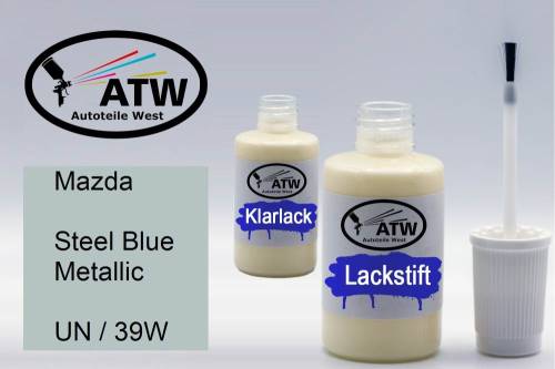 Mazda, Steel Blue Metallic, UN / 39W: 20ml Lackstift + 20ml Klarlack - Set, von ATW Autoteile West.